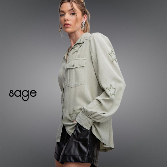 EASEL "STAR STRUCK" Embroidered Silk-Like Mineral Wash Button Up, Cuffs, Pockets - Picture 15 of 16